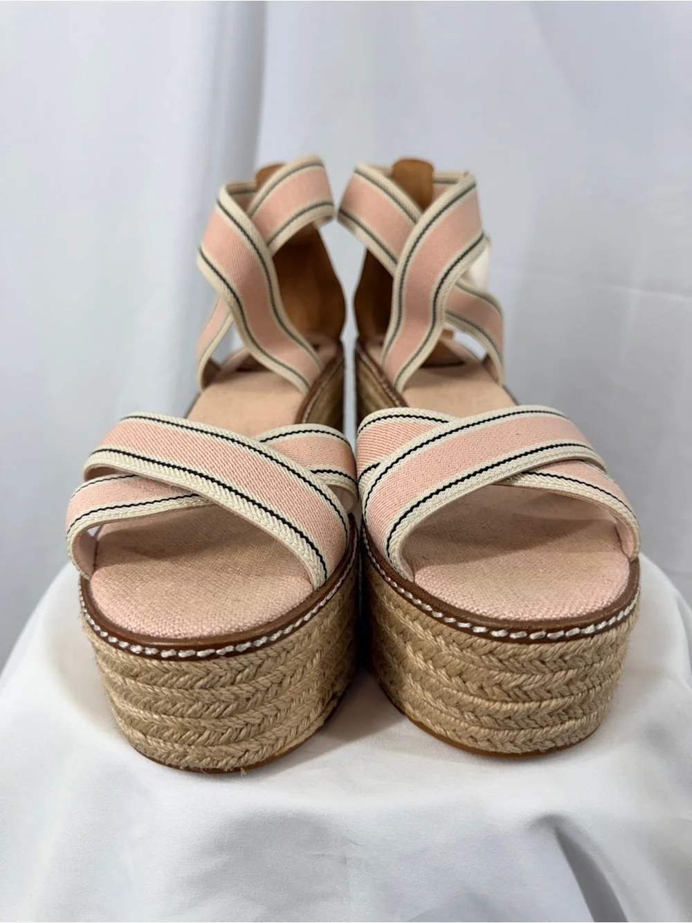 Tory Burch Pink and Cream Striped Espadrille Wedge Sandals